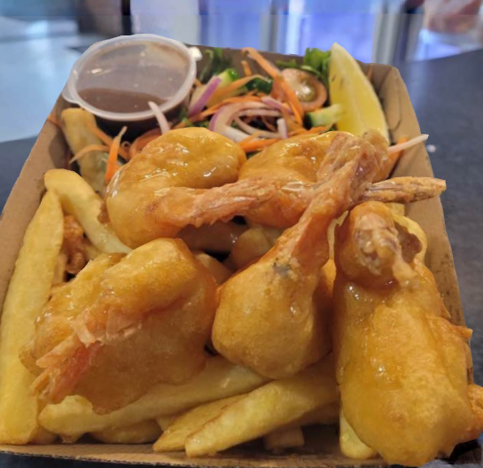 A Cardboard Box Filled with Fried Shrimp  - Stones Oysters & Shed Takeaway in Taree, NSW