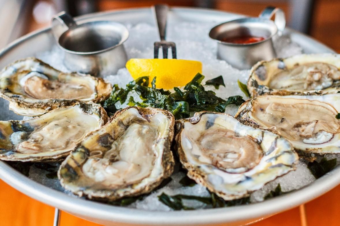 A Plate of Oysters on Ice With a Lemon Wedge and a Fork — Stones Oysters & Shed Takeaway in Taree, NSW