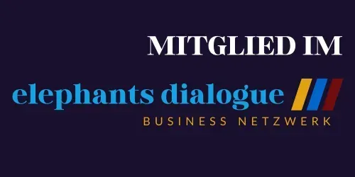 Logo des Unternehmensnetzwerks „elephants dialogue“ mit dem deutschen Text „MITGLIED IM“ darüber und „BUSINESS NETZWERK“.