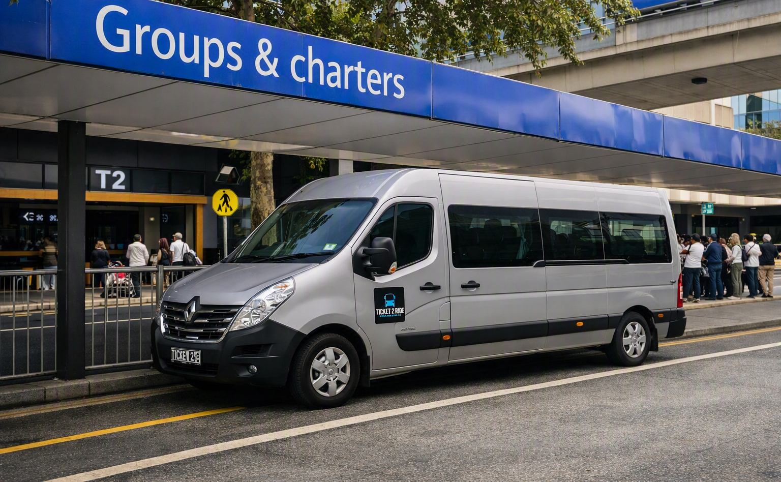 Photo of a Ticket 2 Ride minibus at the Groups and Charters drop off area at Melbourne Airport