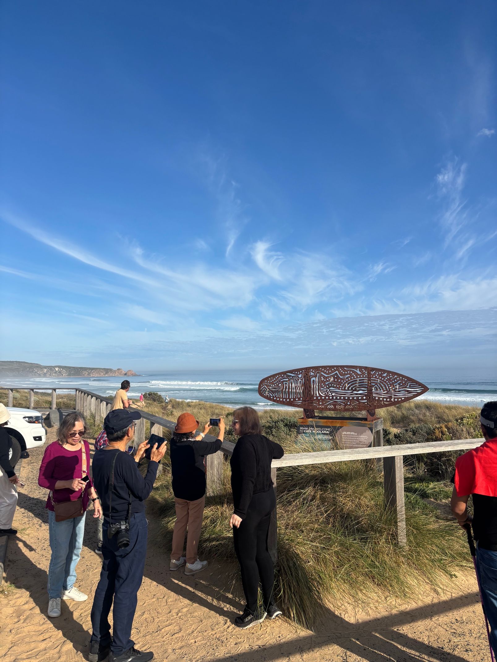 A group of friends standing beside a tourist directional sign in San Remo, just before Phillip Island