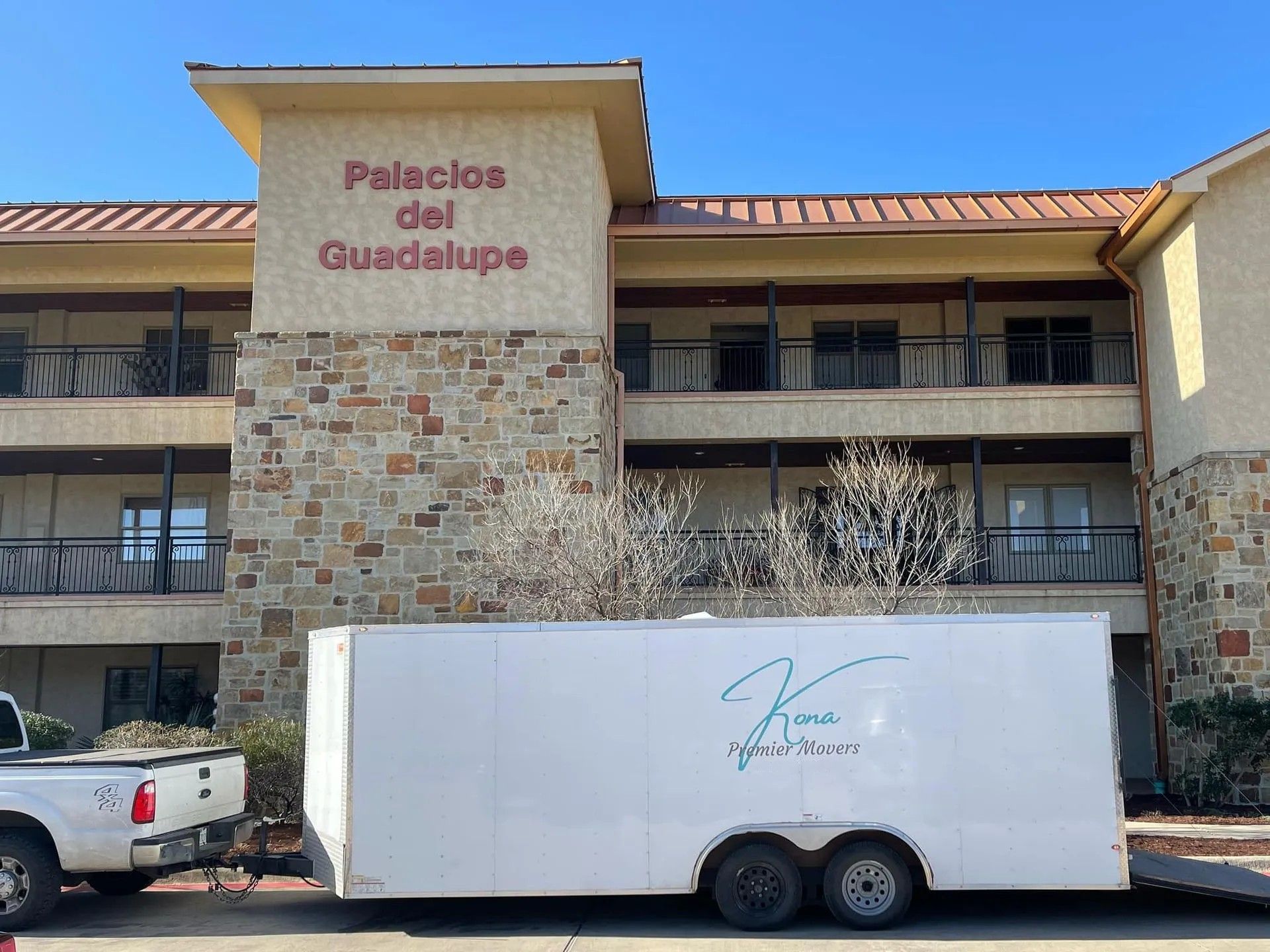 Palace of Guadalupe building with a white trailer parked in front