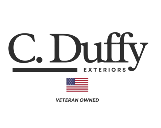 Logo for C. Duffy Exteriors with the American flag and "Veteran Owned" text.