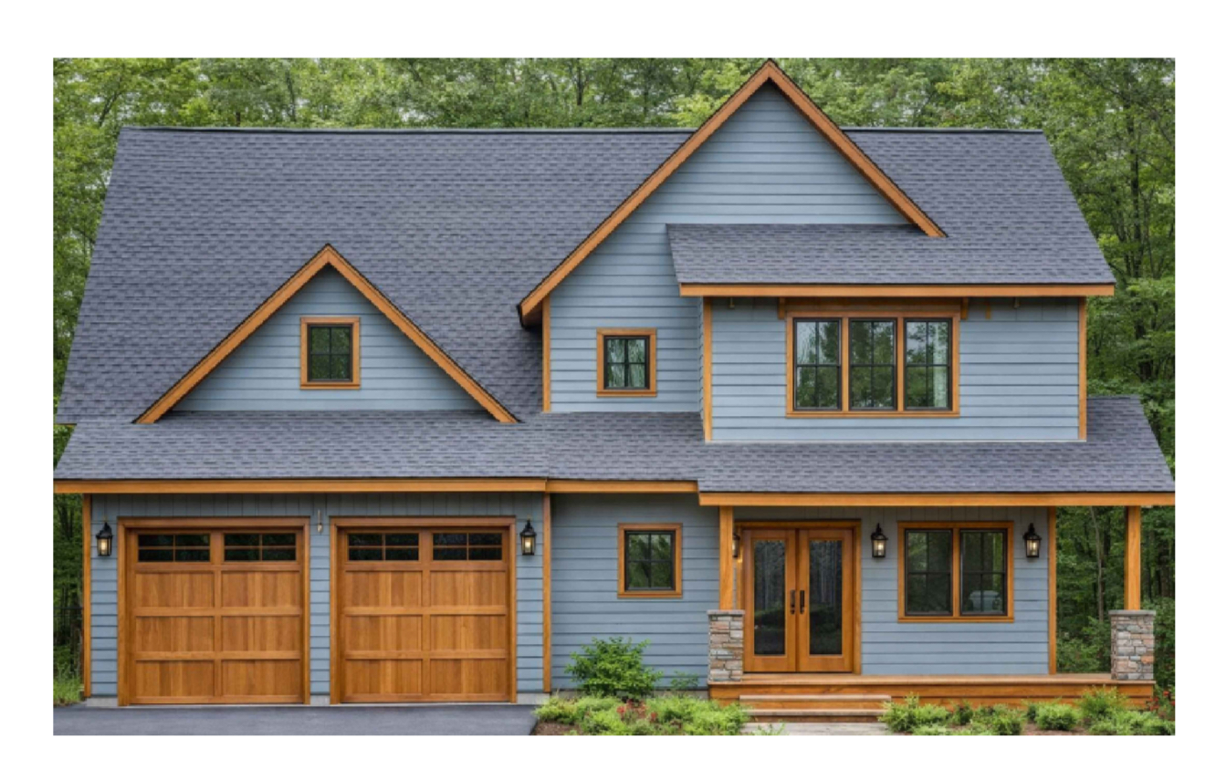 Two-story blue house with brown trim and wooden garage doors.