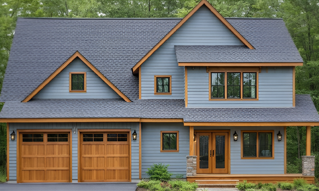 Two-story blue house with brown trim, wooden garage doors, and front porch, set in a wooded area.