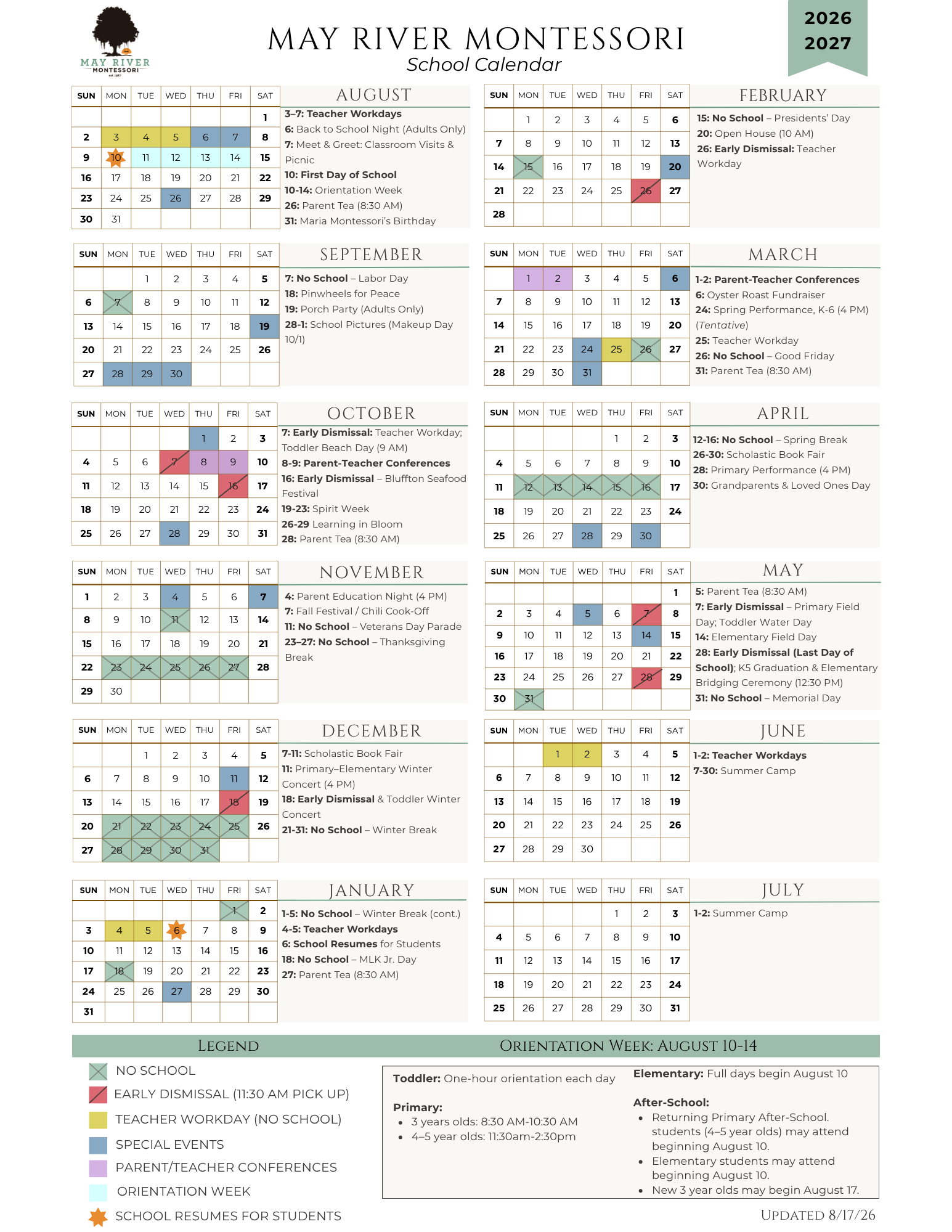A may river montessori school calendar for 2026-2027
