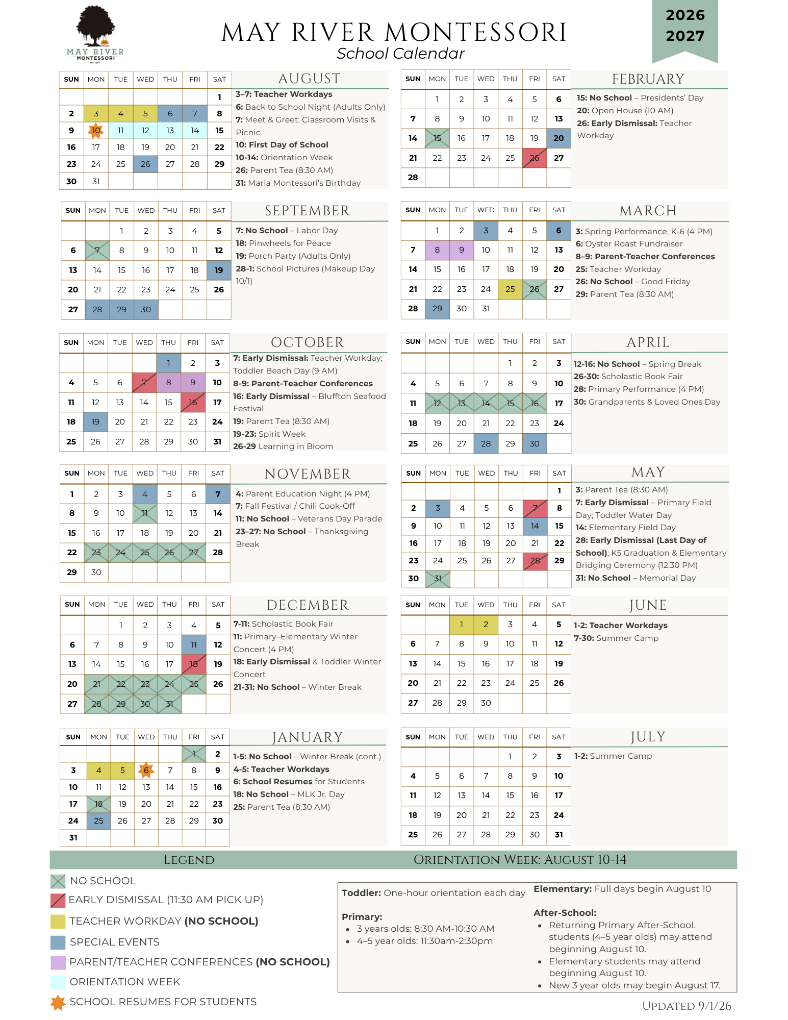 A may river montessori school calendar for 2026-2027