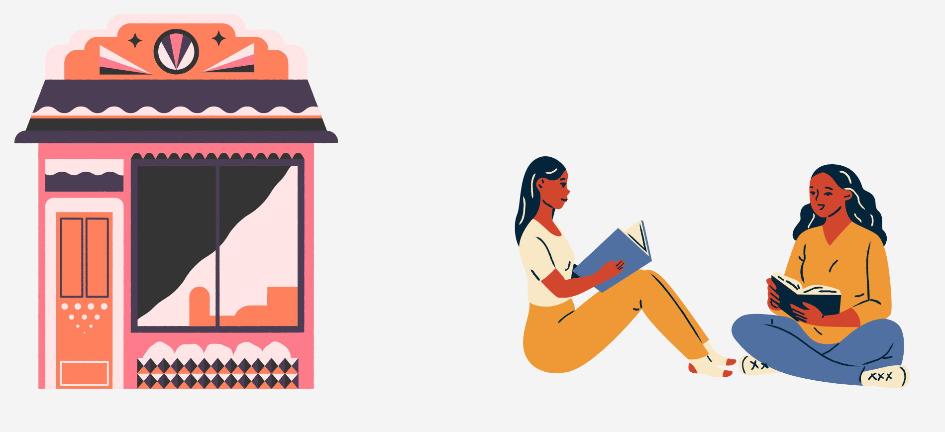Duas mulheres sentadas lendo livros ao lado de uma loja