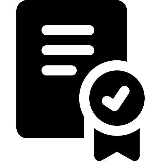 Black document icon with a white checkmark seal badge and ribbon.