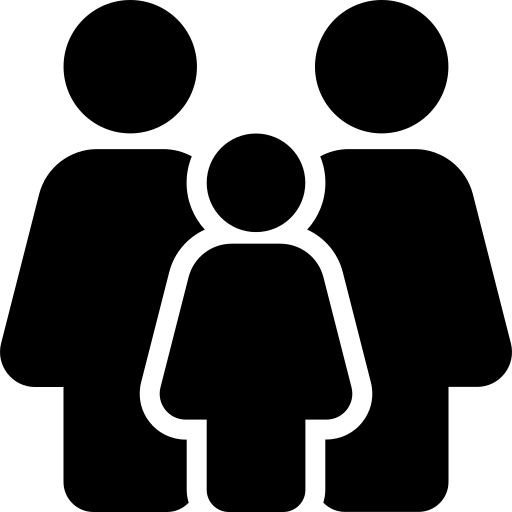 Three black silhouette figures, two larger adults behind one smaller child.