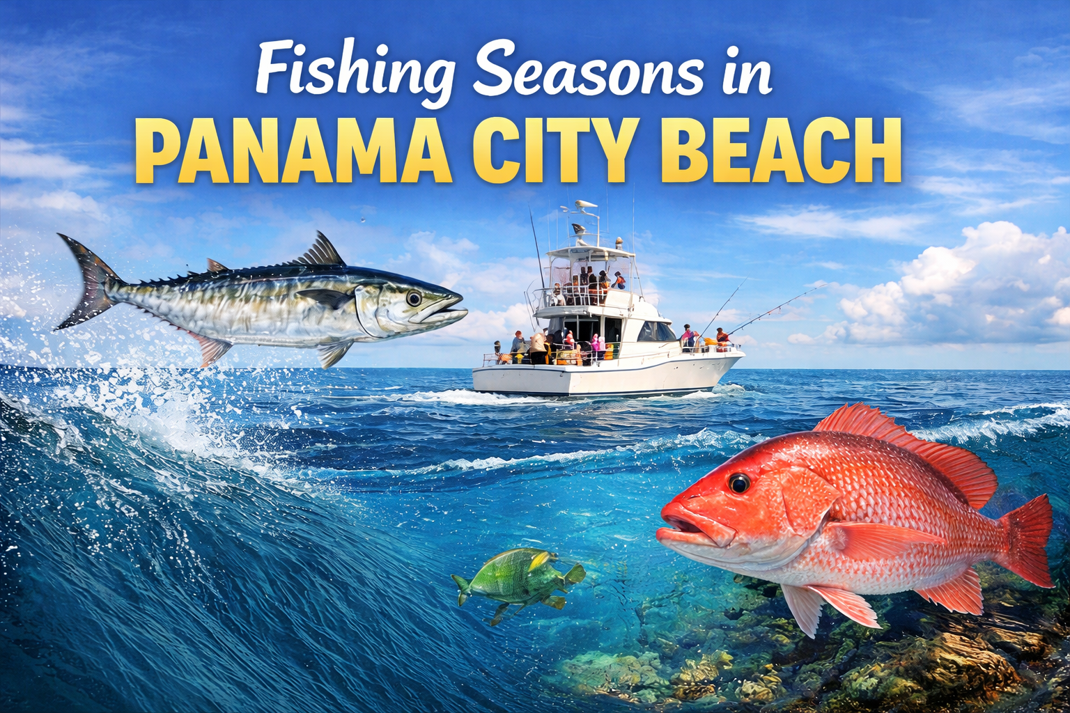 Fishing charter boat offshore in Panama City Beach during peak fishing season on the Gulf of America