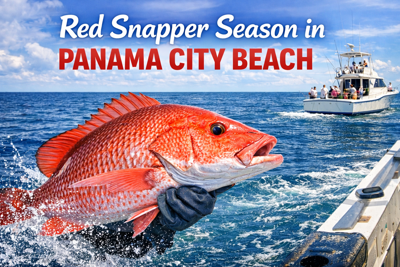 A person holds a large red snapper above water from a boat, with another vessel in the background at sea.