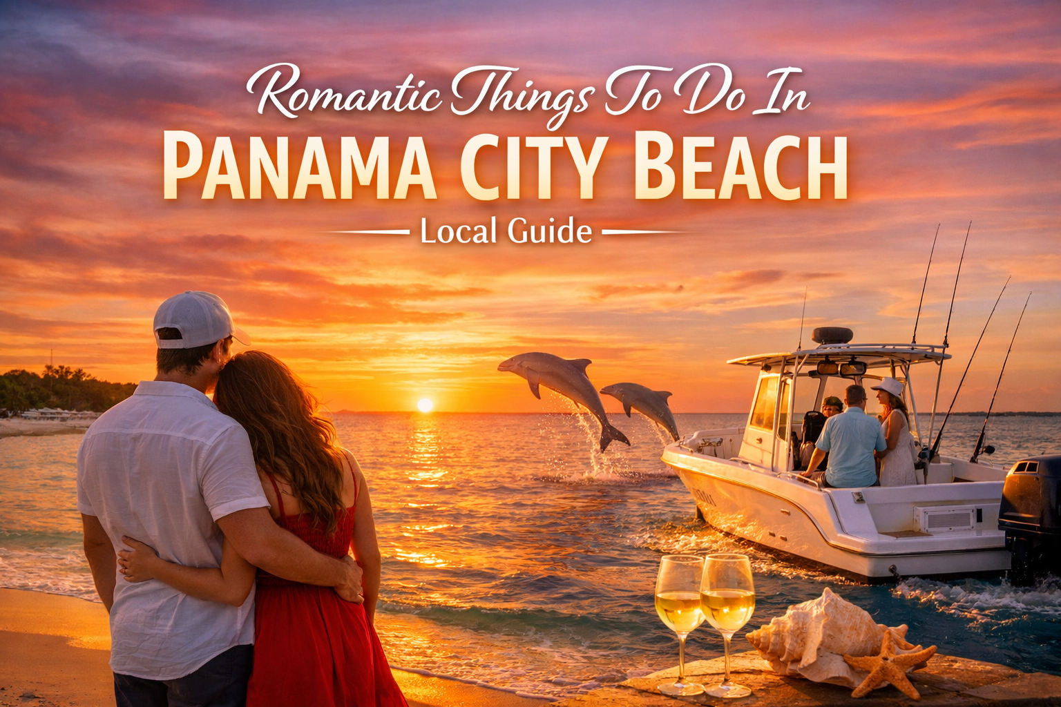 A couple watches a sunset in Panama City Beach with dolphins jumping near a boat and wine glasses in the foreground.