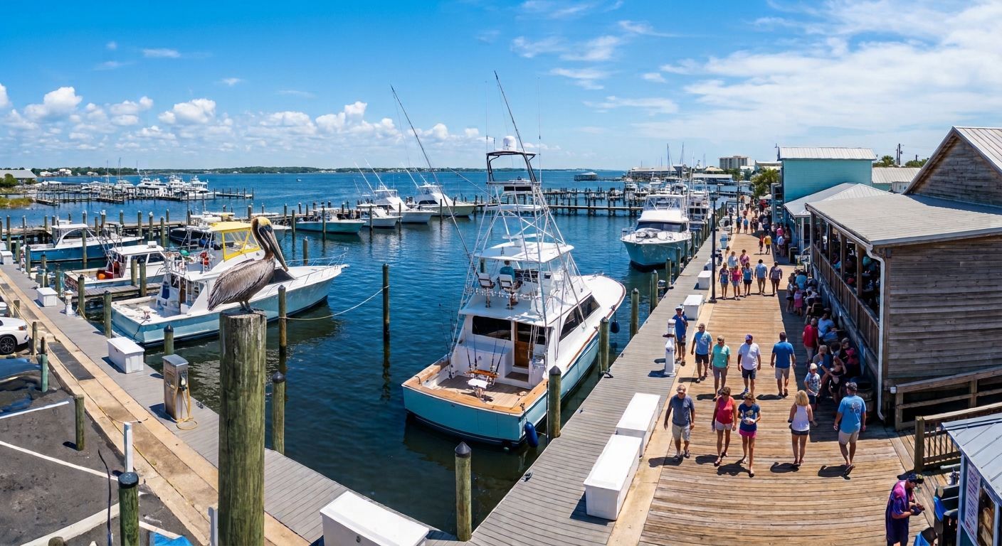 Busy marina with yachts, docked boats, and people walking along a sunny waterfront boardwalk