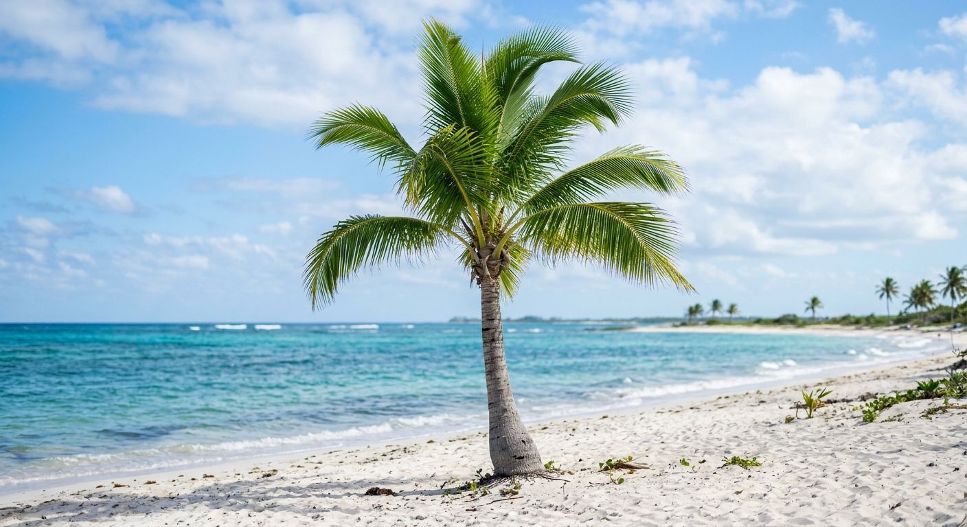 A vibrant green palm tree standing on a white sand beach next to turquoise ocean water under a sunny