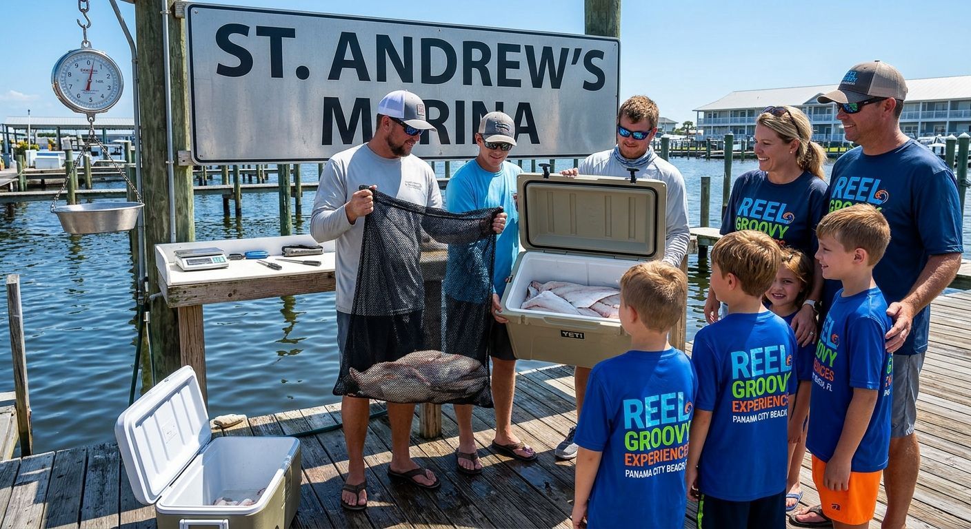Family at St. Andrew's Marina in Panama City Beach getting their fresh caught fish bagged after a ho