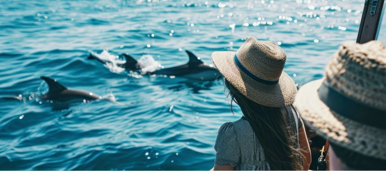 A couple watching the dolphins while on the best dolphin cruise in Panama City Beach, Florida.