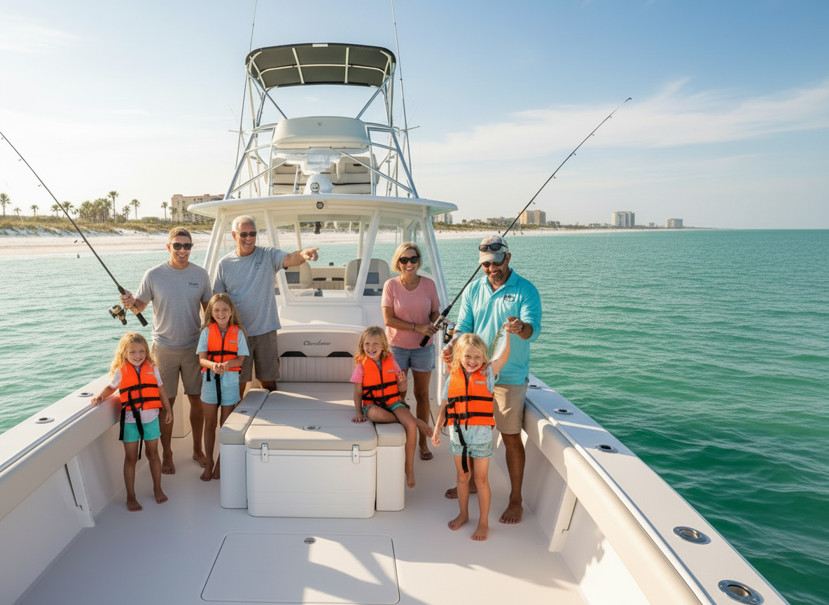People in orange life jackets on a boat deck with fishing rods, on calm turquoise water.
