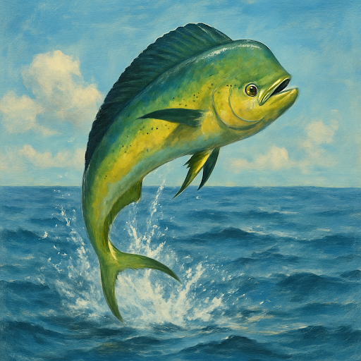 Mahi-mahi dolphinfish caught on PCB deep sea fishing charter watercolor illustration
