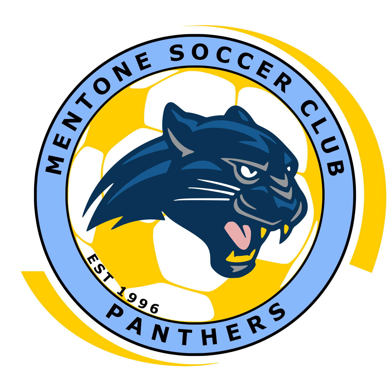 Mentone Soccer Club logo: Panther head on soccer ball, blue and yellow, text