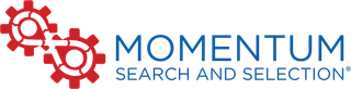 Logo for Momentum Search and Selection: red gears, blue text.