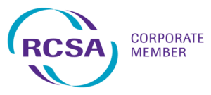 RCSA logo with purple letters, a teal and purple design, and 