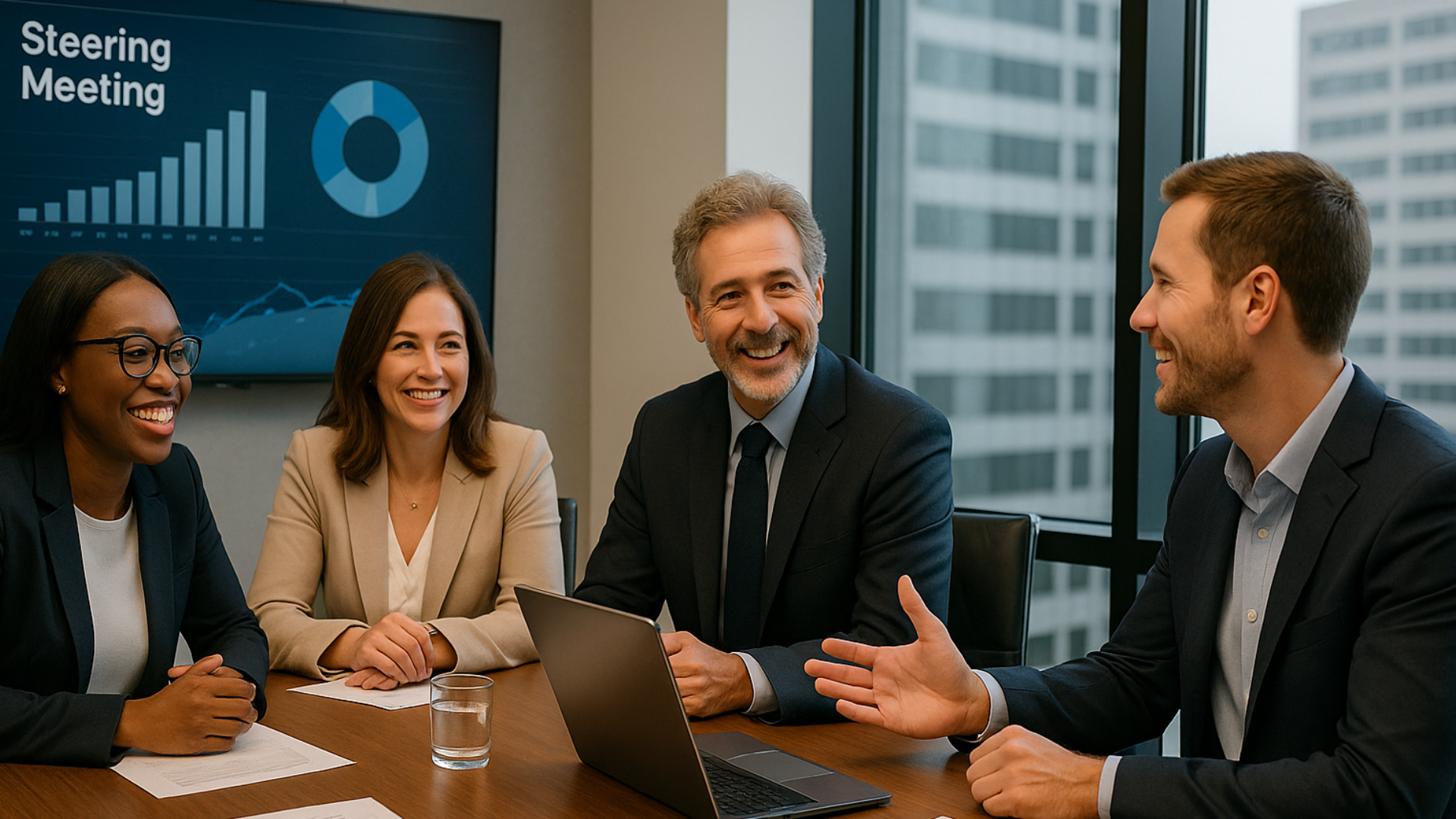 Executives discussing strategy in steering meeting with business charts