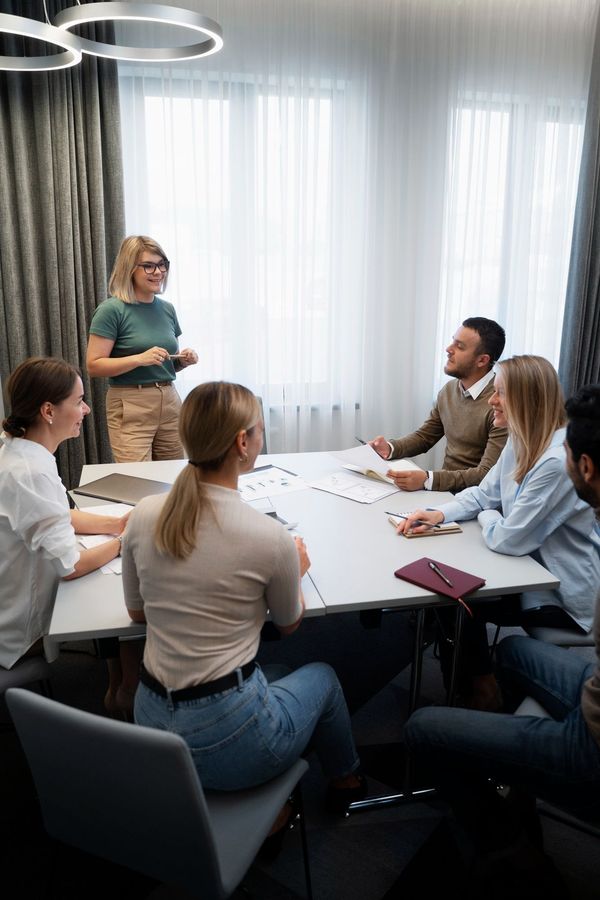 People in a meeting room, one woman standing, others seated at a table with papers.
