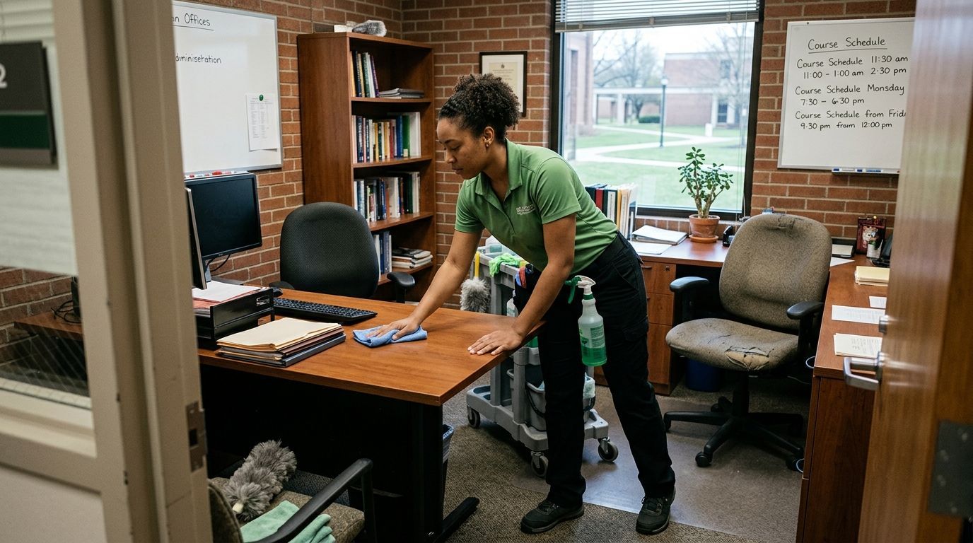 Cleaner disinfecting classroom desks and learning surfaces in Edina, MN