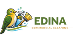 Commercial cleaning logo with bird mascot, holding spray bottle and brush, Edina, MN