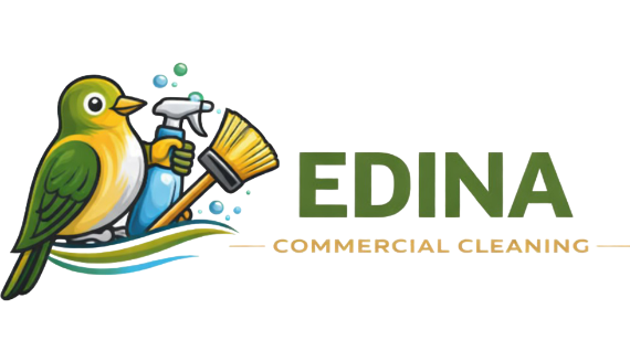 Commercial cleaning logo with bird mascot, holding spray bottle and brush, Edina, MN