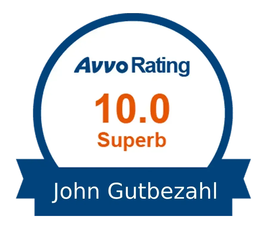 A blue and white badge that says avvo rating 10.0 superb john gutbezahl.