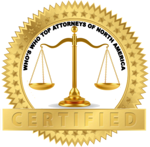 A gold seal that says who 's who top attorneys of north america certified.