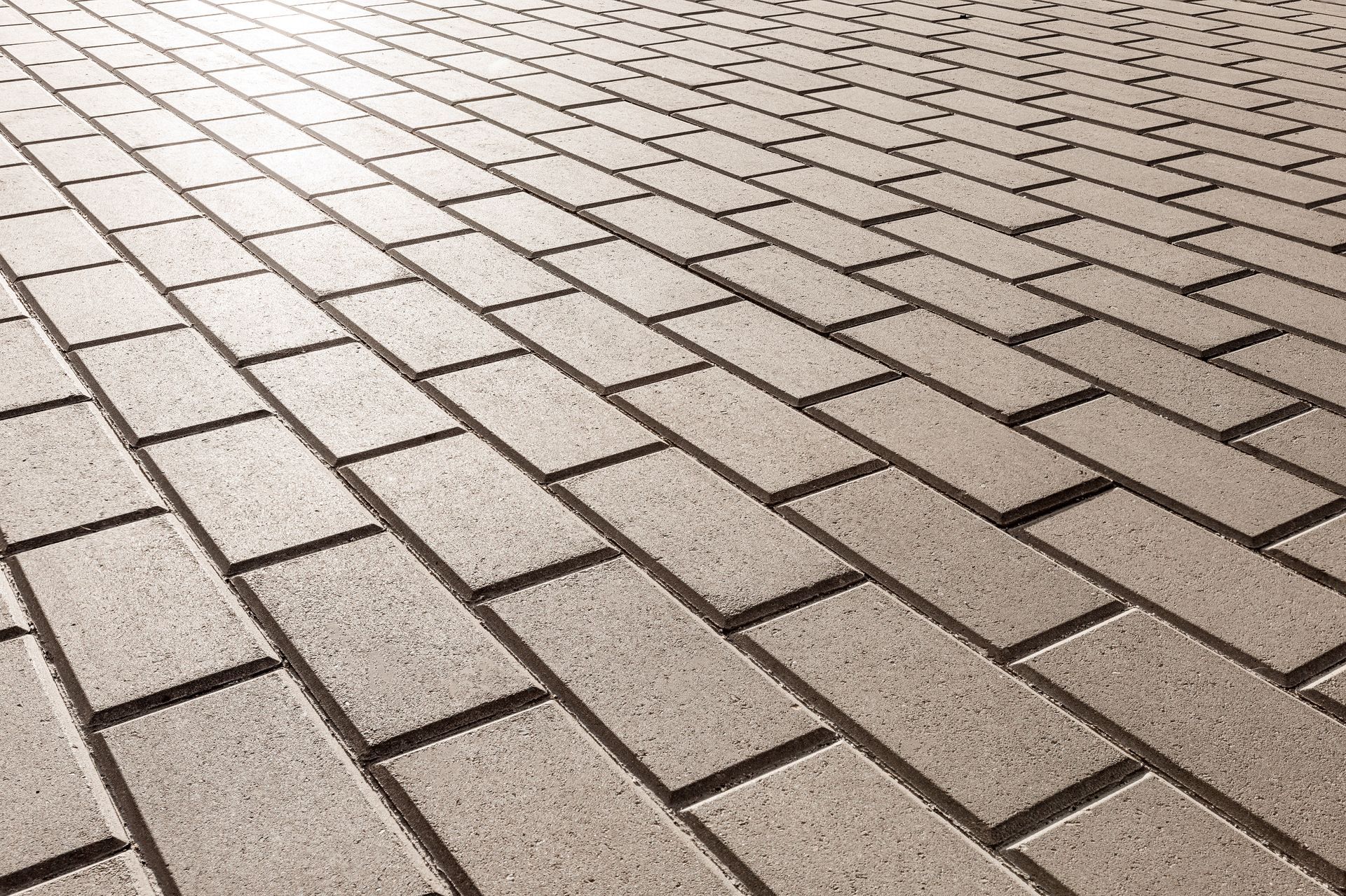 Paved brick walkway in tan and gray, viewed from above at a diagonal angle