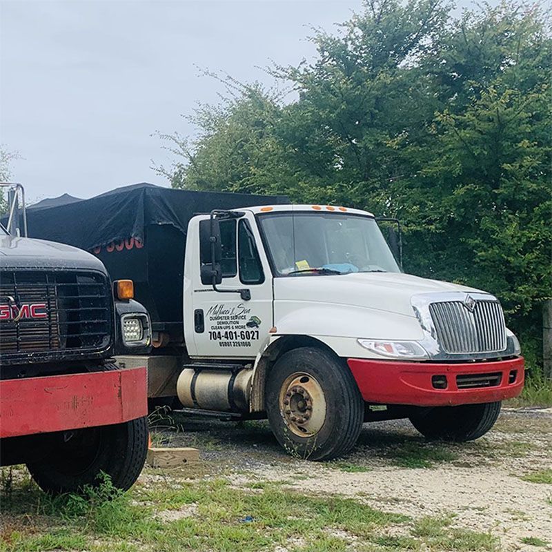 Two parked work trucks, one white with a red bumper and one black, in a grassy lot under cloudy skies