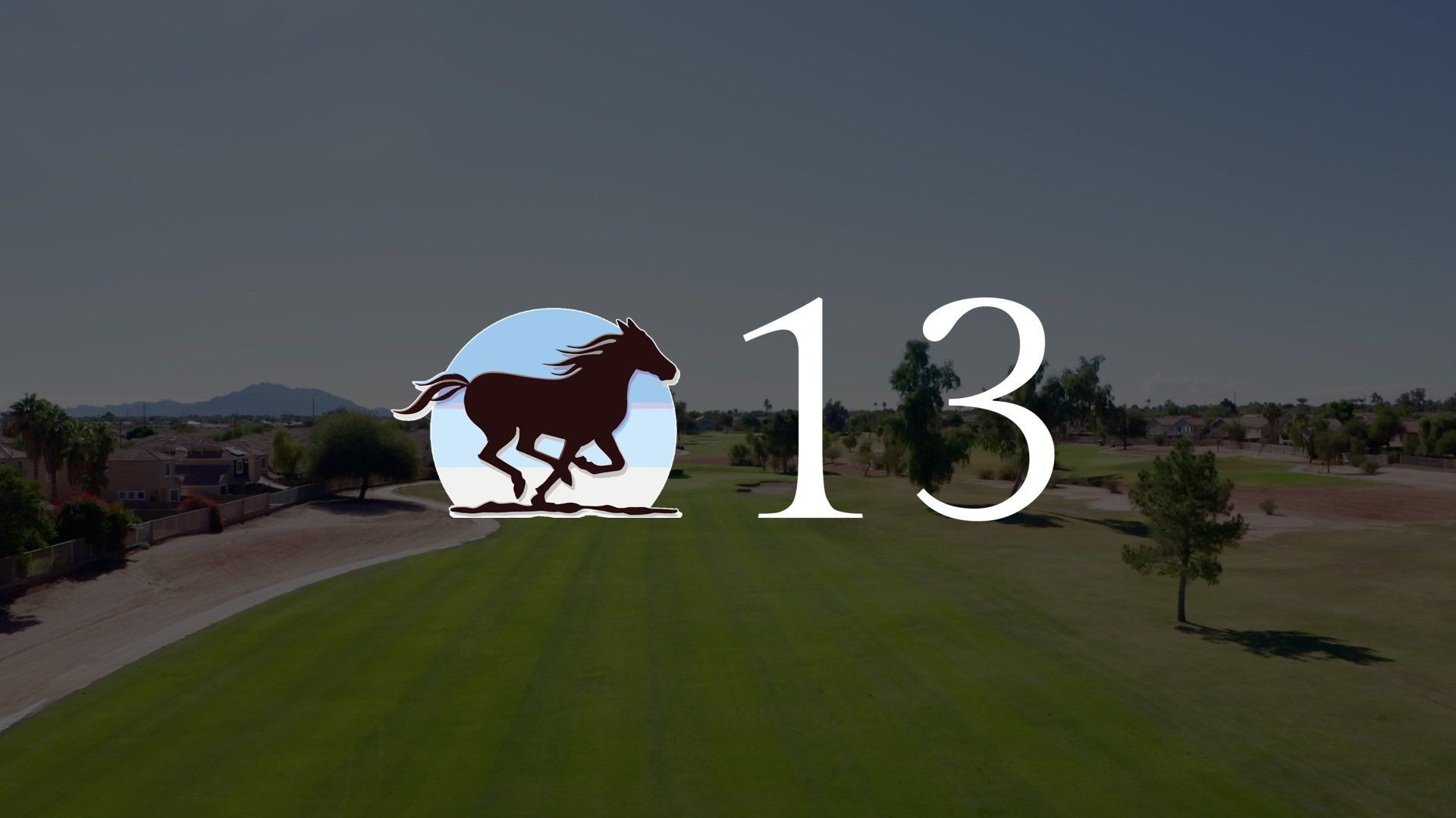 A picture of a horse and the number 13 on a golf course.