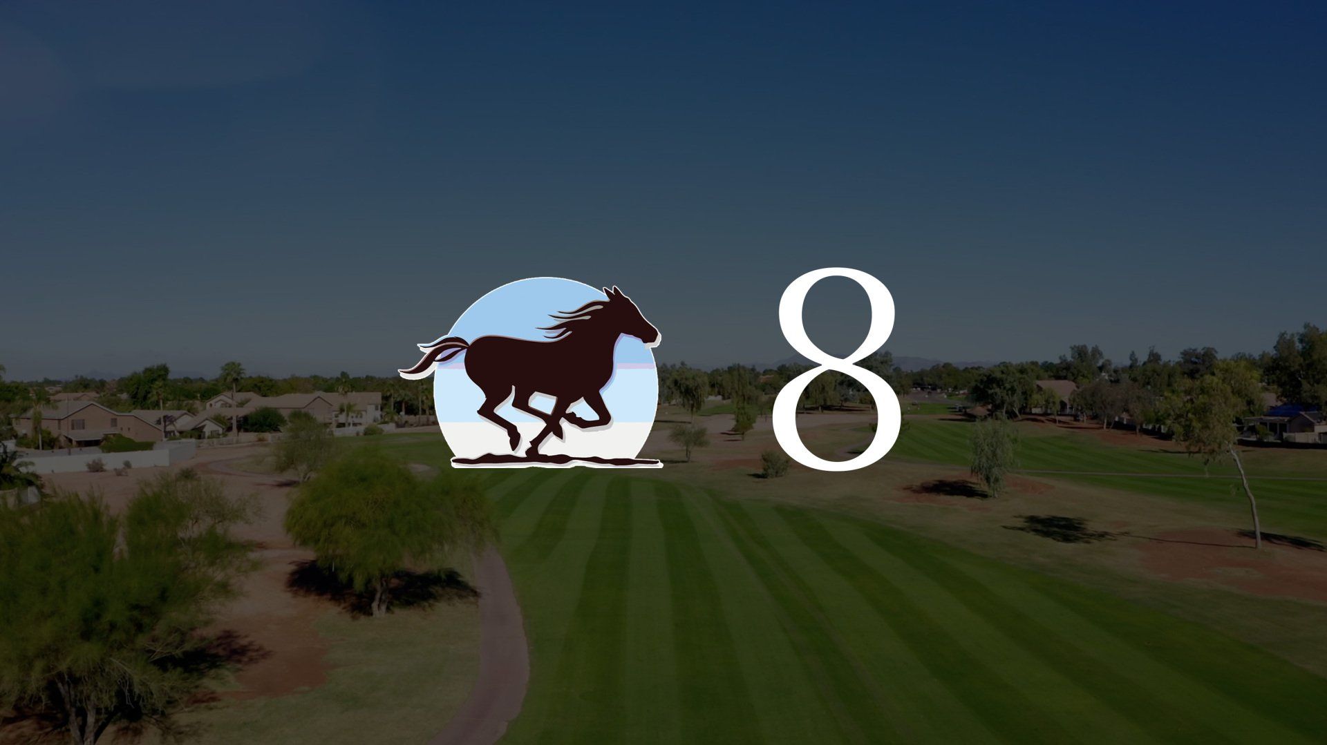 An aerial view of a golf course with a horse and the number eight.