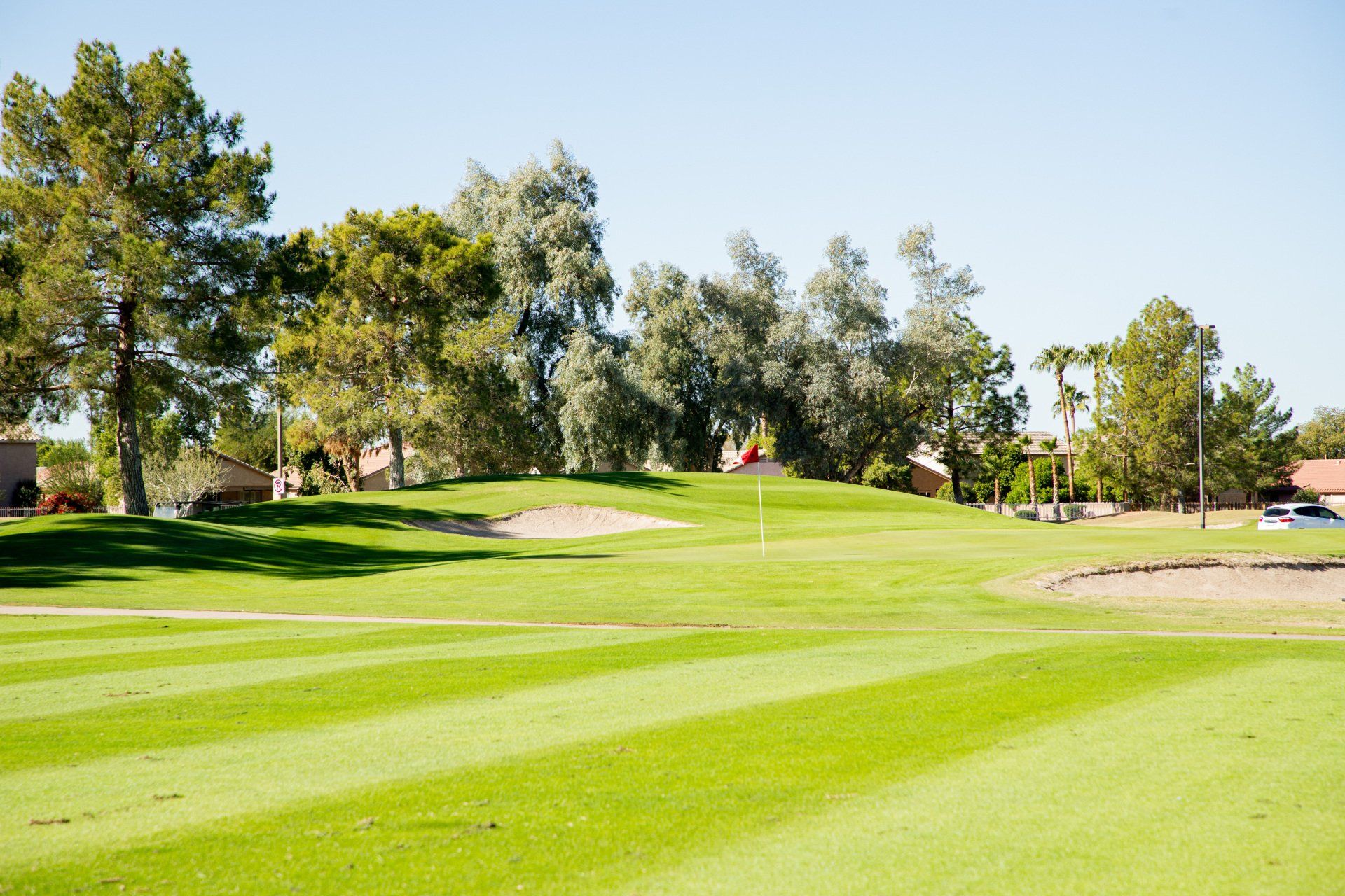 A golf course with trees and houses in the background