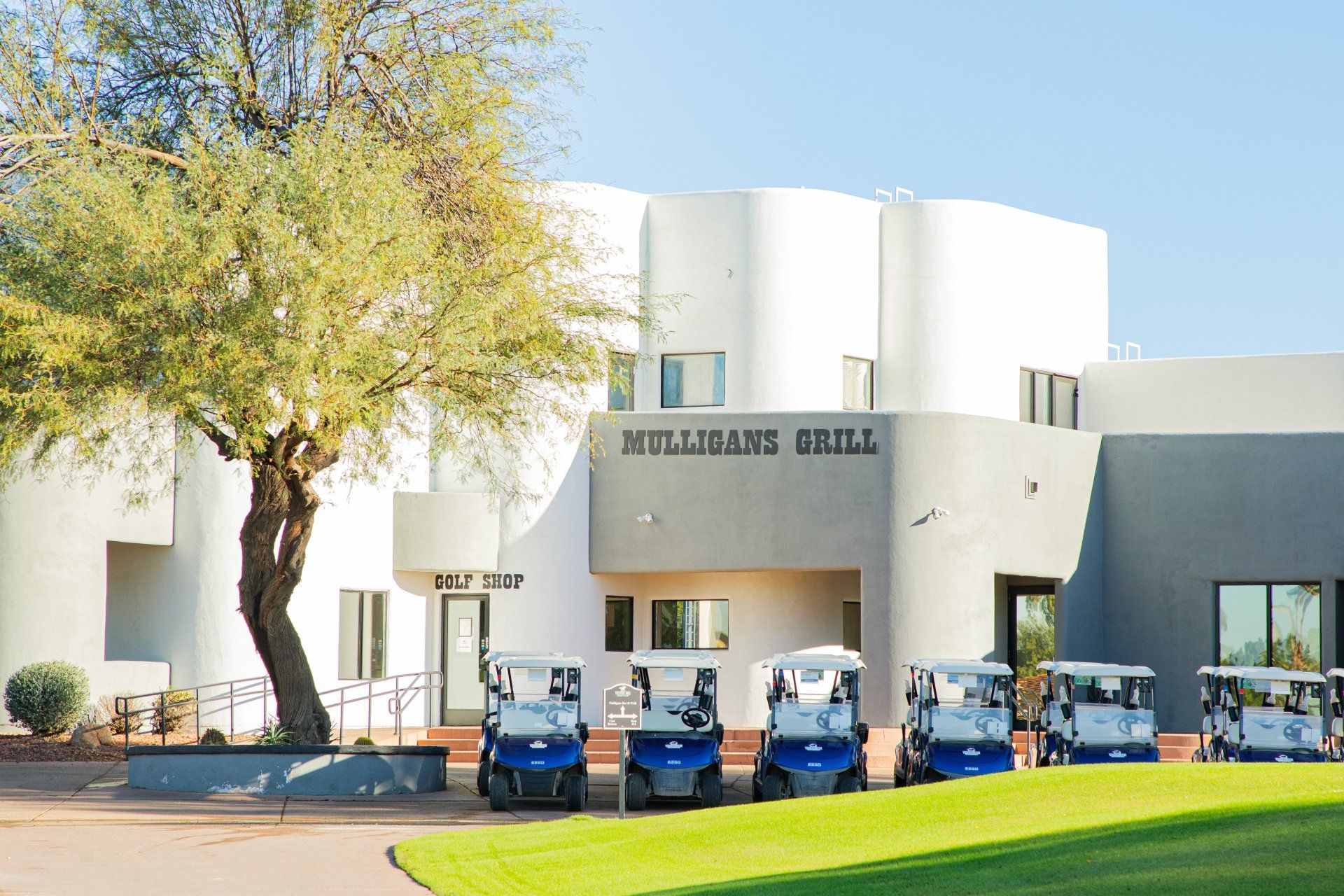 A row of golf carts are parked in front of a building that says intelligent grill