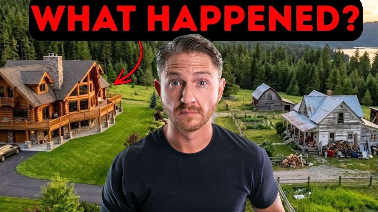 Man in black shirt before rural houses, with red “WHAT HAPPENED?” text and arrow pointing to a damaged cabin
