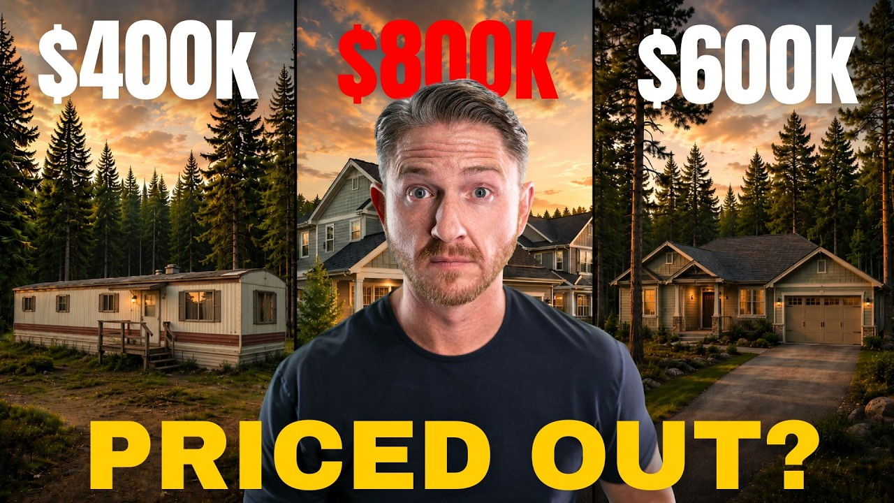Man centered between two houses labeled $400k and $600k, with $800k above him and “PRICED OUT?” below