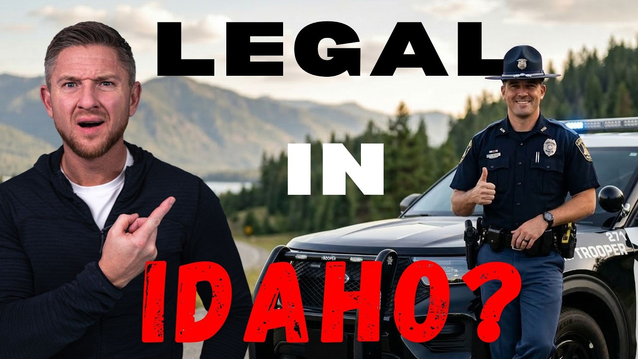 Text graphic reading “LEGAL IN IDAHO?” with a man pointing and a police officer beside a car.