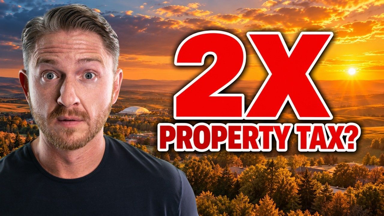 A man with a surprised expression in front of a sunset landscape, discussing property tax in Moscow, Idaho.