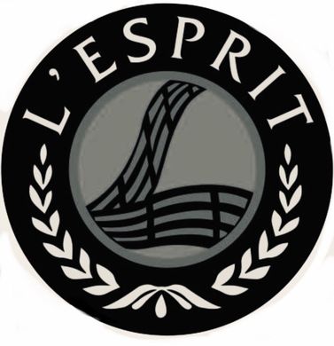 A black and white logo for l ' esprit with a laurel wreath around it.