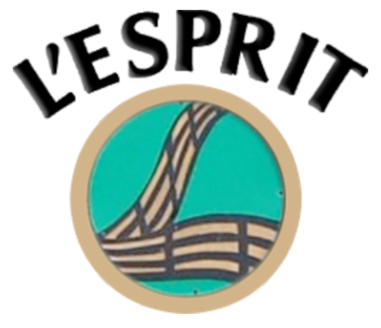 A logo for l' esprit with a basket in the center