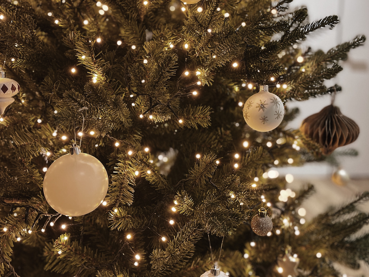 Christmas tree with warm white lights and ornaments.