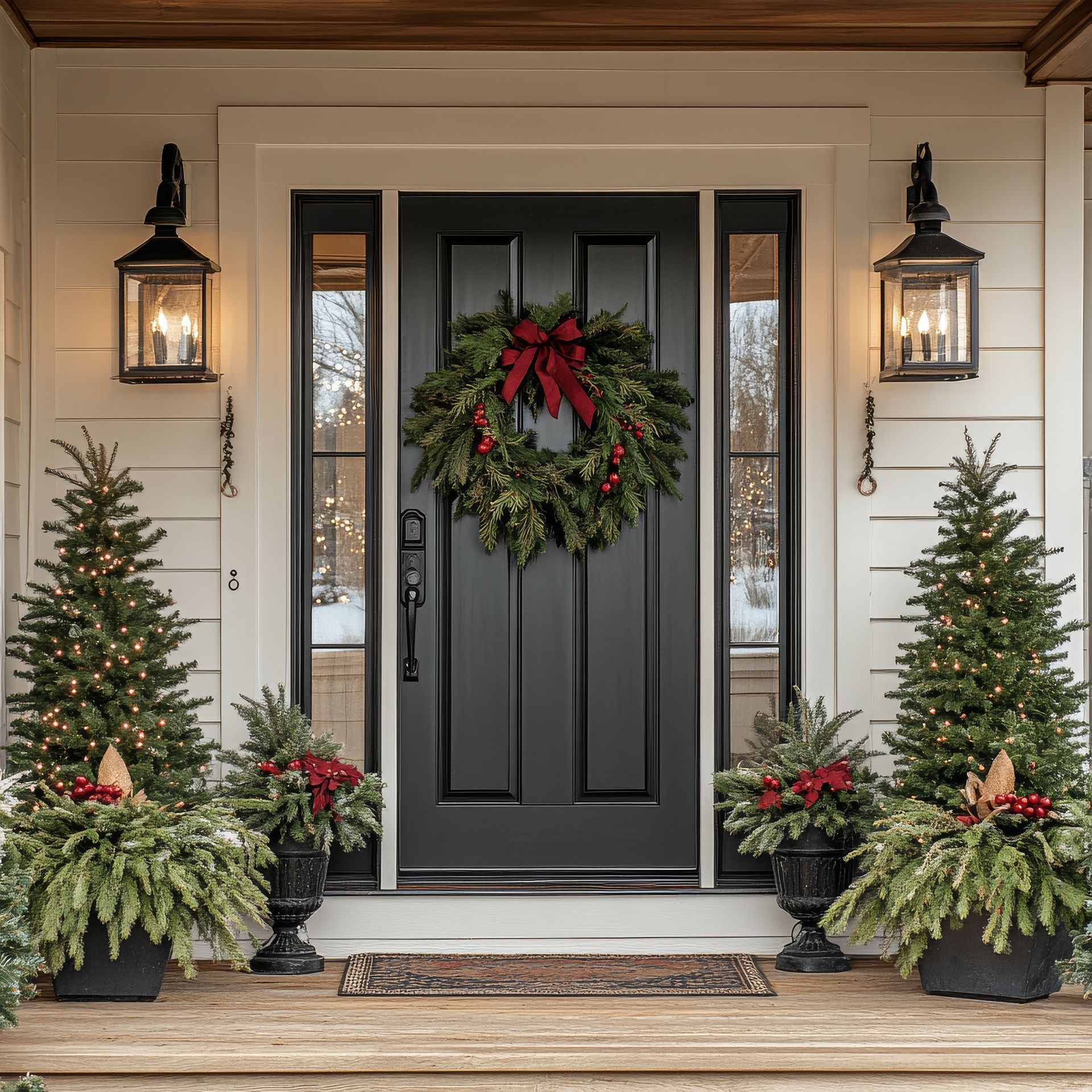 Festive front porch with black door, Christmas wreath, lit lanterns, and potted evergreens with red bows