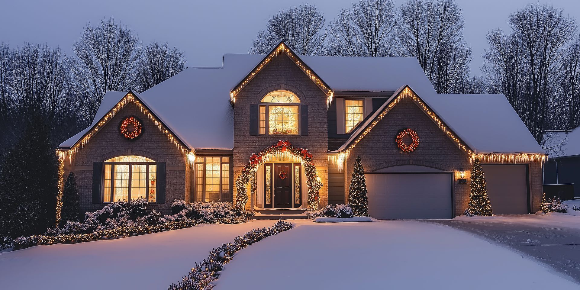 A cozy porch decorated for Christmas with a lit tree, a wreath on the door, and numerous candles glowing on the floor.