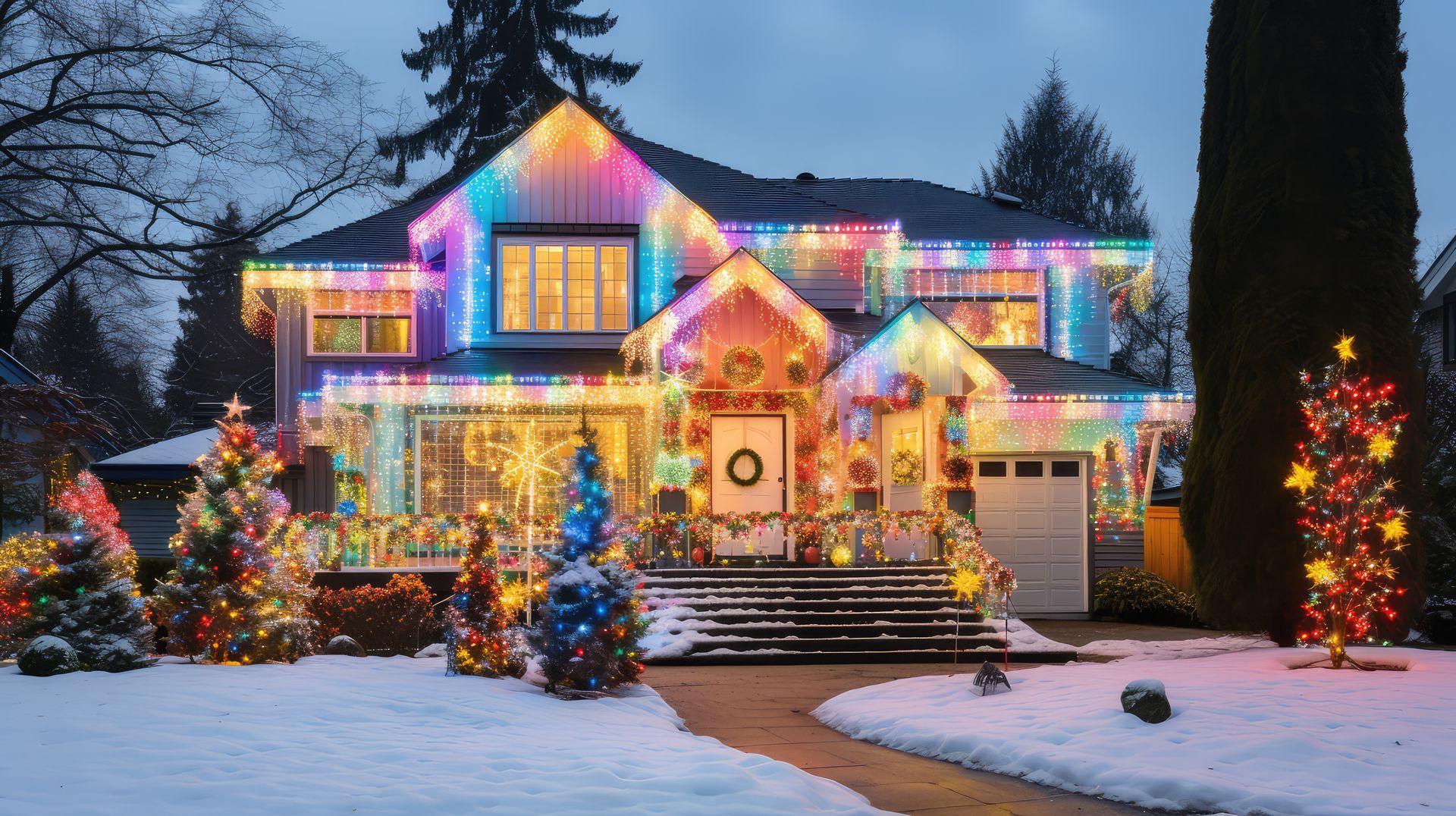 House covered in colorful Christmas lights and trees on a snowy night.