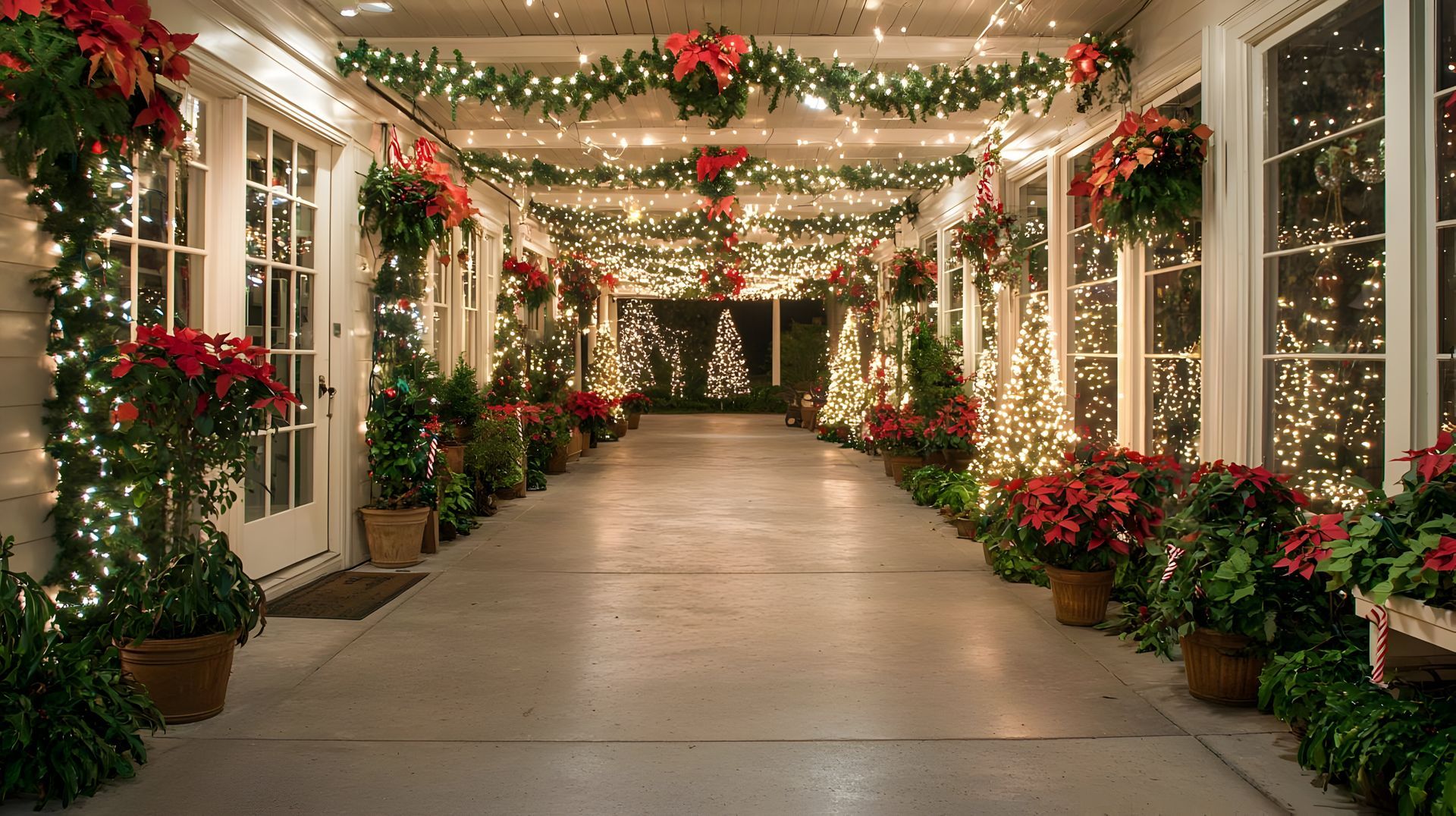 Festive, garland-lined walkway with twinkling lights and potted poinsettias at night